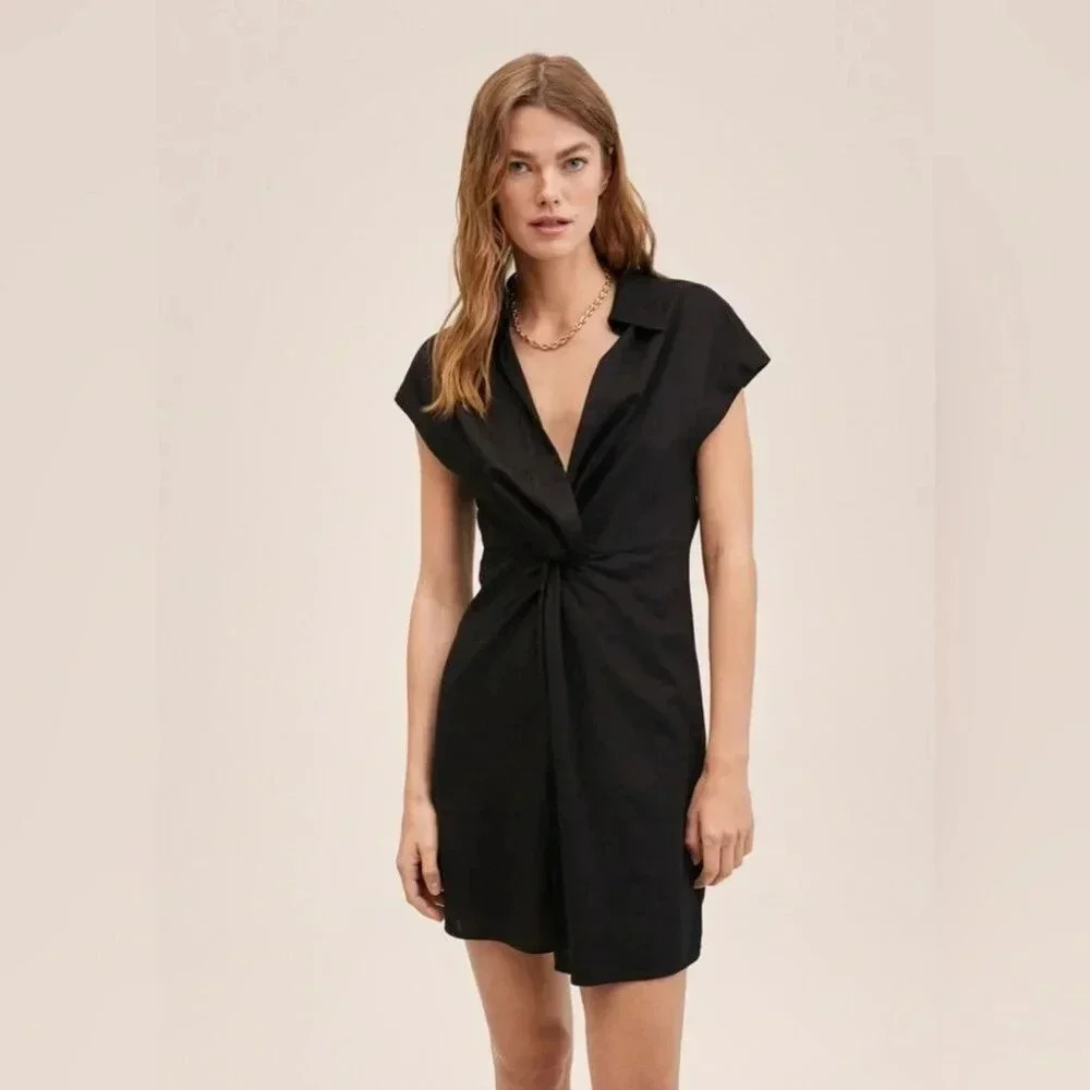 Mango Linen Blend Dress in Black